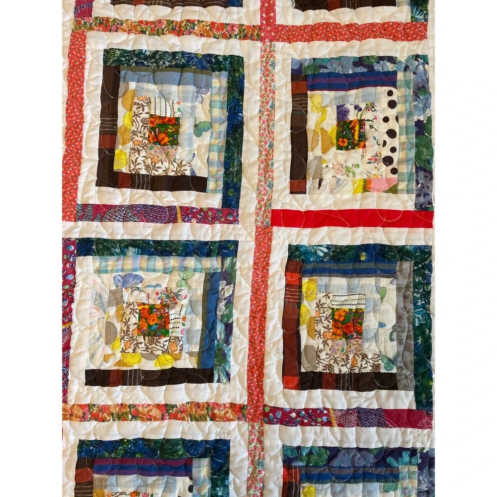 Vintage Handmade Log Cabin Patchwork Quilt Heart Quilted Multicolor 63x88